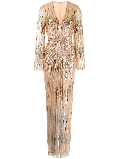 Jenny Packham Imani Beaded Plunging Strong-shoulder Gown In Multi