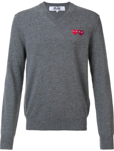 Comme Des Garçons Play Double Heart Wool Jumper In Grey