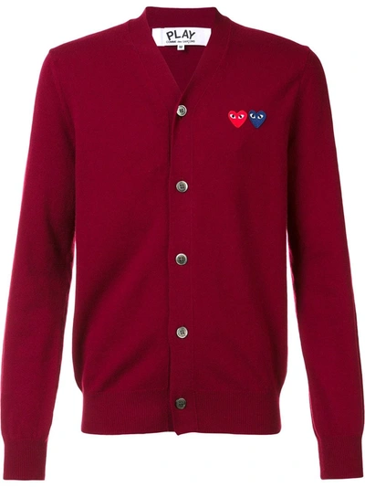 Comme Des Garçons Play Wool Double Heart Cardigan Sweater In 4 Burgyndy