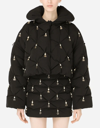 Dolce & Gabbana Quilted Down Jacket With Pearl Pendant Embellishment And Dg Logo In Black