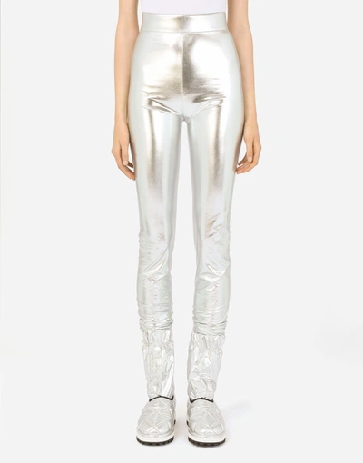 Dolce & Gabbana Foiled Jersey Leggings With Draping In Silver
