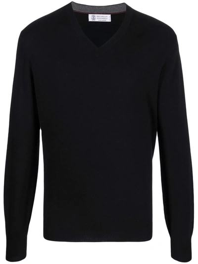 Brunello Cucinelli V-neck Cashmere Jumper In Black