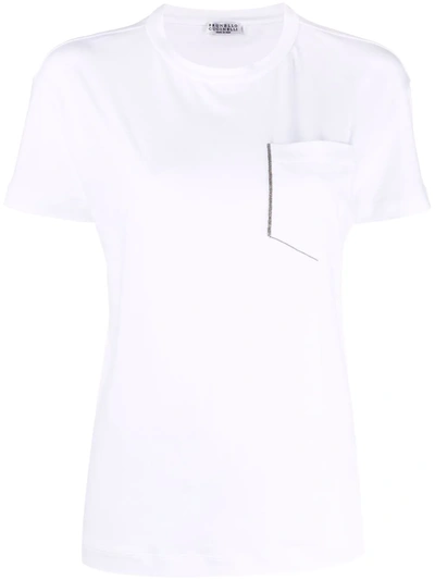 Brunello Cucinelli 珠饰细节短袖t恤 In Weiss