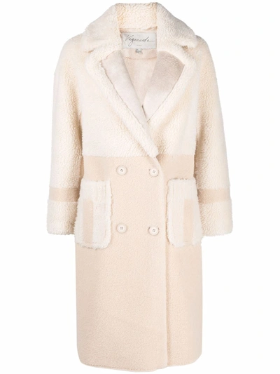 Urbancode Double-breasted Faux Fur-trimmed Coat In Nude