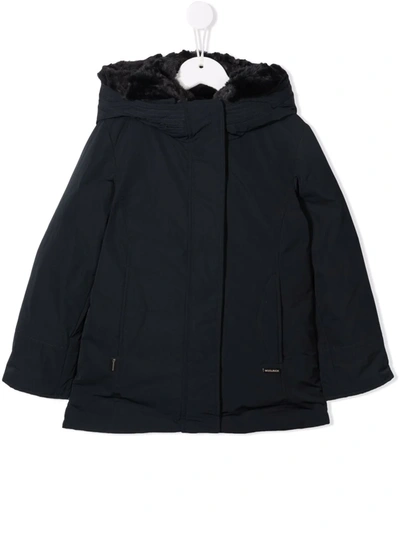Woolrich Kids' Faux-fur Hooded Padded Coat In 蓝色