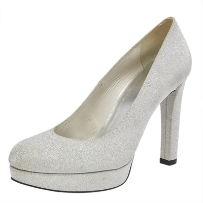 Pre-owned Stuart Weitzman Metallic Silver Glitter Platform Pumps Size 38.5