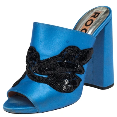 Pre-owned Rochas Blue Satin Embellishment Mule Sandals Size 36