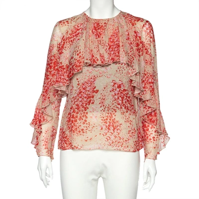 Pre-owned Giambattista Valli Light Pink Printed Silk Ruffled Top M