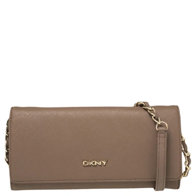 Pre-owned Dkny Dark Beige Saffiano Leather Wallet On Chain