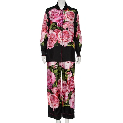 Pre-owned Dolce & Gabbana Black Rose-print Silk Pajama Set S