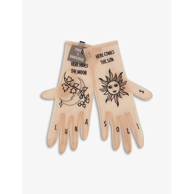 Tender And Dangerous Here Comes The Sun Embroidered Net Gloves In Black Silver