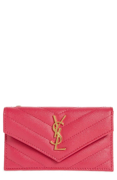 Saint Laurent Zip & Flap Matelassé Card Case In Fuxia Couture