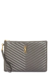 Saint Laurent Ysl Monogram Matelasse Leather Tablet Pouch In Fog
