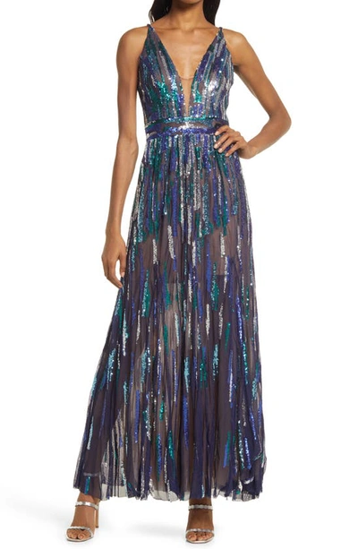 Dress The Population Samira Sequin Embellished Evening Gown In Navy Multi