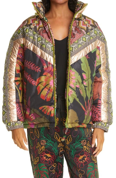 Farm Rio Tropical Rauti Reversible Metallic Puffer Jacket In Brown