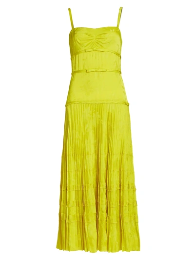 Jason Wu Collection Bow-embellished Pleated Satin-jacquard Midi Dress In Chartreuse