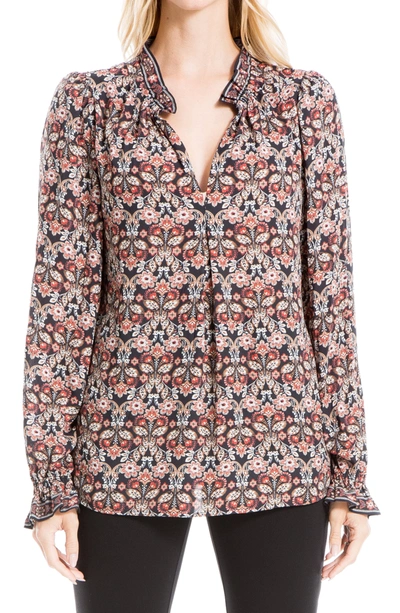 Max Studio Printed Crepe Long Sleeve Top In Bkrstpbl