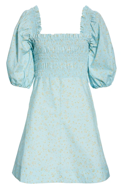 Ganni Floral Puff Sleeve Organic Cotton Poplin Dress In Corydalis Blue
