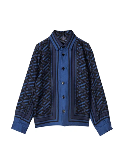 Versace Blue Shirt With Multicolor Back Print Kids In Blu/nero
