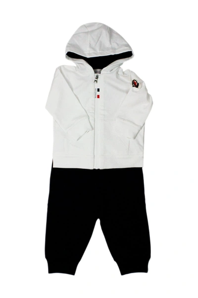 Moncler Babies' Full Cotton Tracksuit With Hooded Sweatshirt And Rubberized Zip With Writing And Trousers With Elast In White