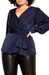 City Chic Opulent High-low Faux Wrap Top In Navy