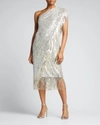 Badgley Mischka One-shoulder Evening Dress In Silver