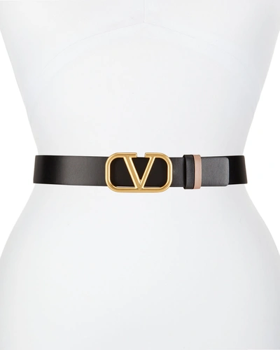 Valentino Vlogo Buckle Reversible Leather Belt In Smokey Brown/nero