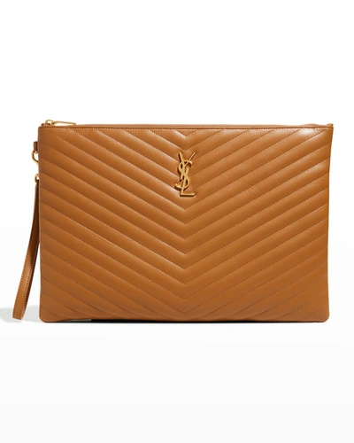 Saint Laurent Monogram Ysl Large Chevron Quilted Flat Wristlet Pouch, Black In 2516 Naturel Dark