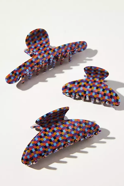 Anthropologie Retro Checkered Hair Clip Set In Purple