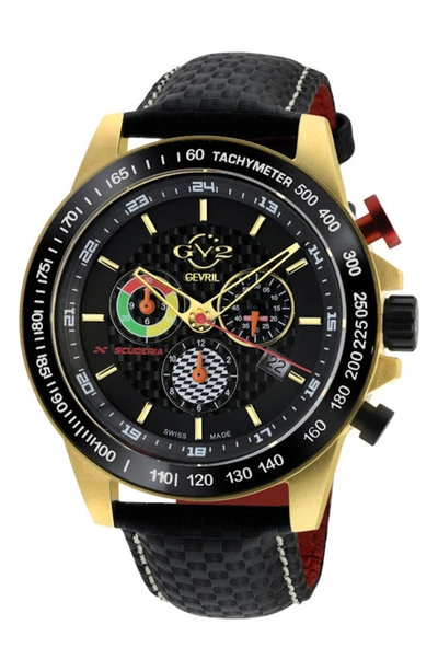 Gevril Gv2 Scuderia White Dial Black Leather Chronograph Date Watch, 45mm In Black