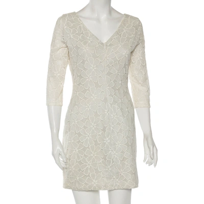 Pre-owned Diane Von Furstenberg Pale Grey & Cream Floral Embroidered Silk Sarita Dress M In White