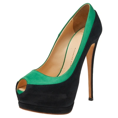 Pre-owned Giuseppe Zanotti Black/green Satin And Suede Peep Toe Platform Pumps Size 36