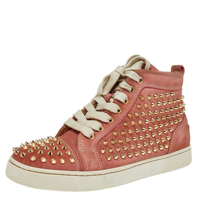 Pre-owned Christian Louboutin Peach Nubuck Spike Embellished Louis Orlato Mid Top Sneakers Size 38 In Orange