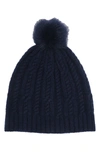 Sofia Cashmere Cashmere Cable Knit Genuine Shearling Pompom Beanie In 410nvy