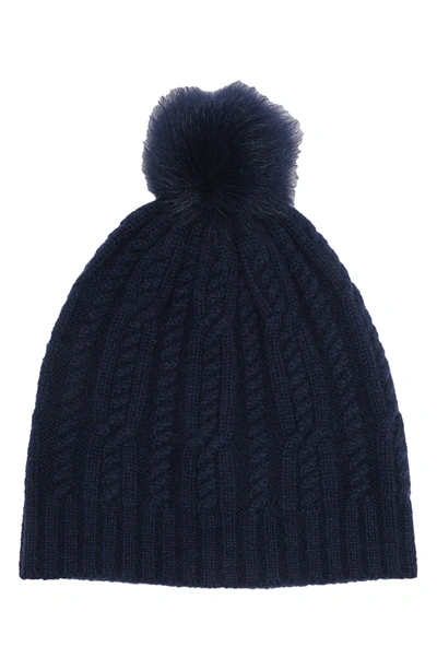 Sofia Cashmere Cashmere Cable Knit Genuine Shearling Pompom Beanie In 410nvy