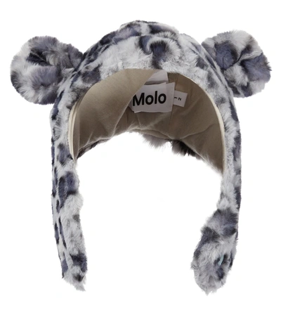 Molo Babies' Snowy Leopard-print Faux Fur Hat In 灰色,黑色