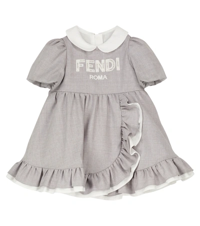 Fendi Baby Logo-embroidered Wool Dress In Grey