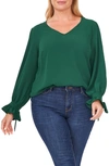 Cece Tie Sleeve Satin Blouse In Alpine Green