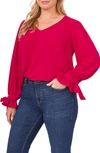 Cece Lace Sleeve Stretch Crepe Blouse In Fuchsia Glow