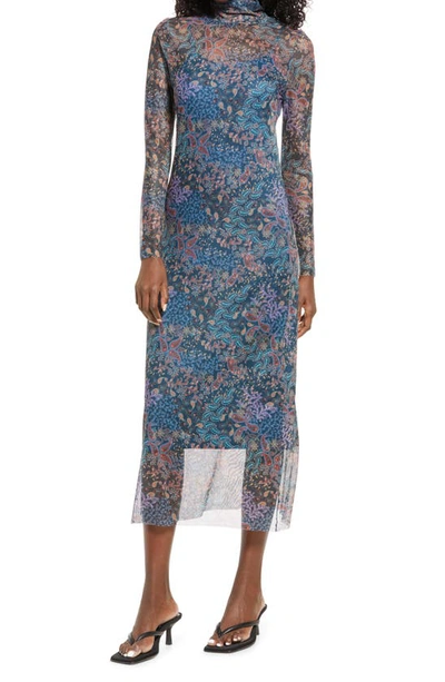 Open Edit Mock Neck Long Sleeve Mesh Midi Dress In Navy Midnight Floral