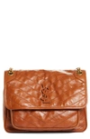 Saint Laurent Medium Niki Matelassé Crinkled Leather Shoulder Bag In Light Burnt