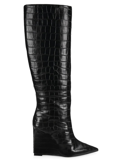 Schutz Asya Up Croc-print Wedge Tall Boots In Black