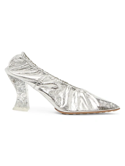 Bottega Veneta Metallic Ruched Transluscent-heel Pumps In Silver