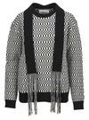 Jil Sander Fringed Tie-neck Intarsia Wool Sweater In Open White + Black
