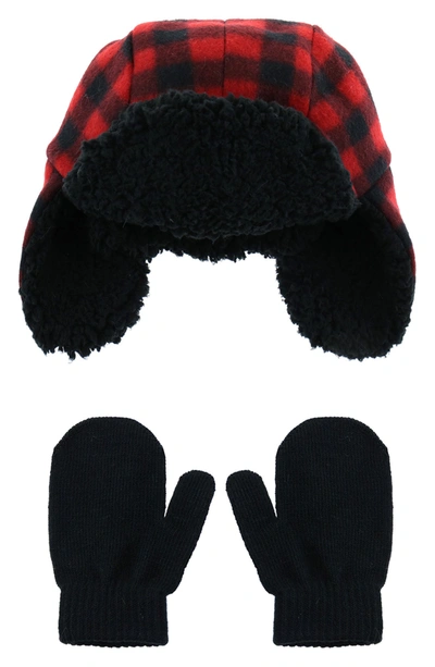 Capelli New York Babies' Capelli Of New York Buffalo Plaid Faux Shearling Trapper Hat & Mittens Set In Red Combo