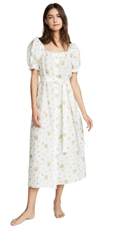 Sleeper Brigitte Floral-print Midi Linen Dress In White,pink,green