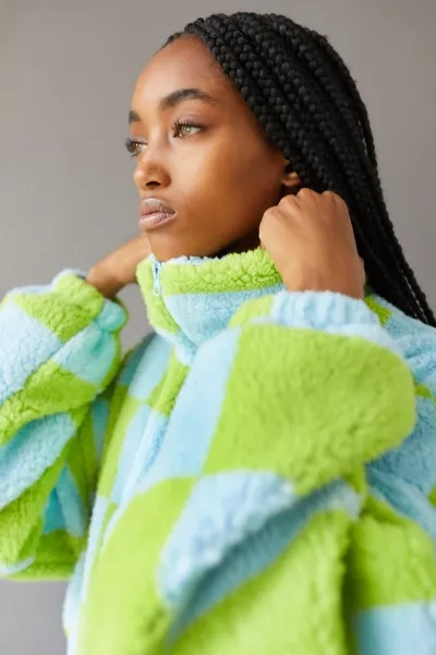 Urban Outfitters Uo Olivia Print Sherpa Jacket In Turquoise