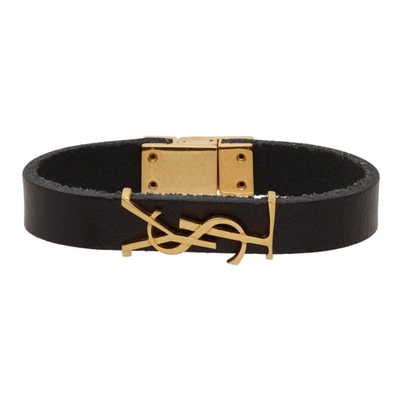 Saint Laurent Leather Ysl Monogram Bracelet, Black/gold In Black/ Gold