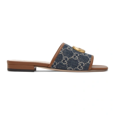 Gucci Blue Denim Gg Jacquard Slide Sandals In Blue Tea/brown