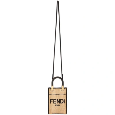 Fendi Beige Straw Mini Sunshine Shopper Bag In Naturale Nero